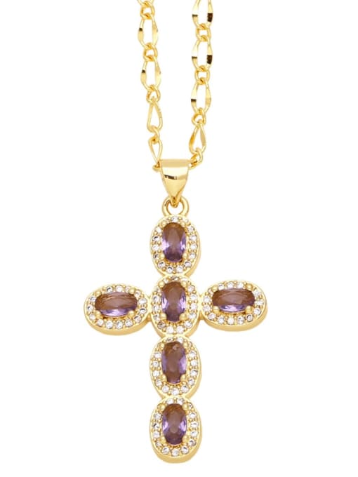 purple Brass Cubic Zirconia Cross Hip Hop Necklace