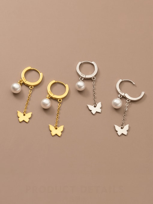 Rosh 925 Sterling Silver Imitation Pearl Butterfly Tassel Minimalist Huggie Earring