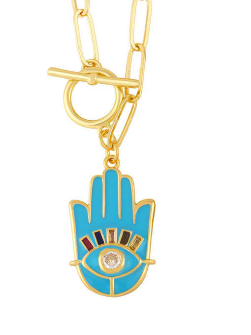 blue Brass Enamel Evil Eye Vintage palm Pendant Necklace