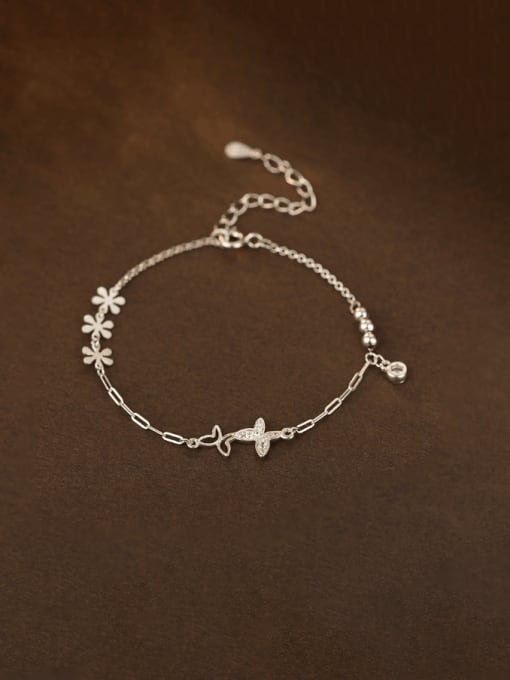 BRS380  Platinum 925 Sterling Silver Cubic Zirconia Butterfly Minimalist Link Bracelet