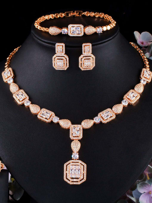 L.WIN Brass Cubic Zirconia  Luxury Geometric Ring Earring Braclete And Necklace Set 2