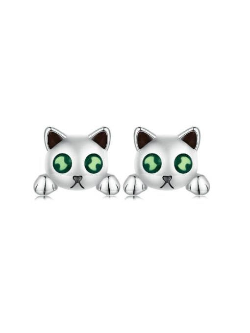 Jare 925 Sterling Silver Cubic Zirconia Cat Cute  Glow In The Dark Stud Earring 0