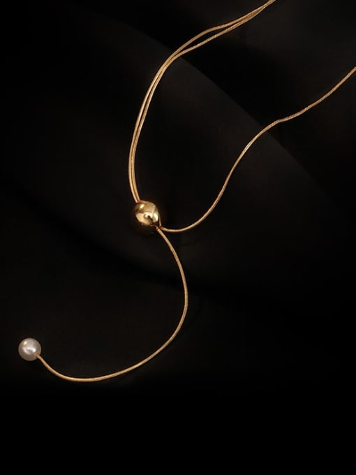 A TEEM Titanium Steel Imitation Pearl Tassel Minimalist Lariat Necklace 1