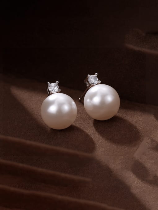 ES2570 【 Platinum 】 925 Sterling Silver Imitation Pearl Round Minimalist Stud Earring