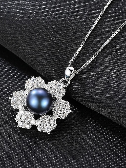Black 6f05 925 Sterling Silver 3A Zircon Freshwater Pearl Flower Pendant Necklace
