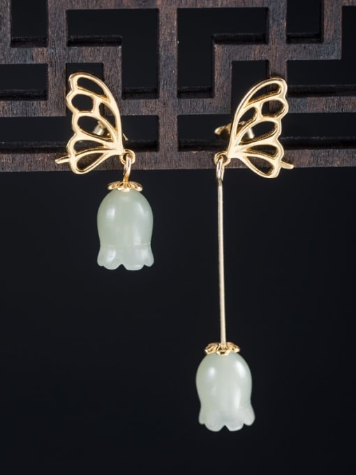 Butterfly bell orchid asymmetric 925 Sterling Silver Jade Flower Ethnic Drop Earring