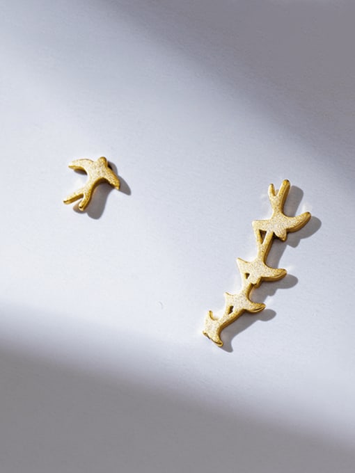 gold 925 Sterling Silver Asymmetrical  Flying Swallow  Minimalist Stud Earring