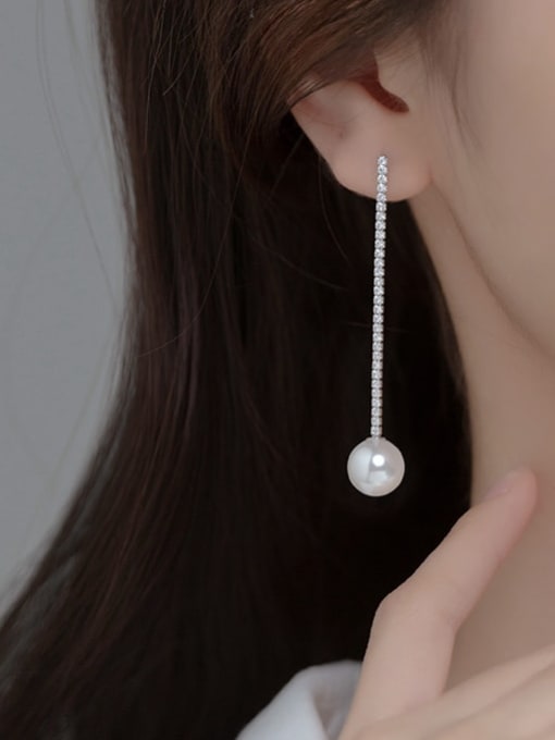 Rosh 925 Sterling Silver Imitation Pearl Tassel Minimalist Threader Earring 1