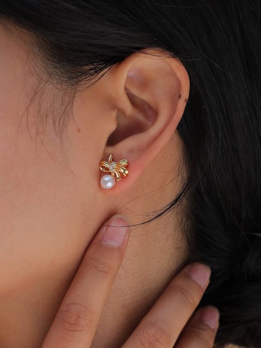 CONG Brass Imitation Pearl Bowknot Minimalist Stud Earring 1
