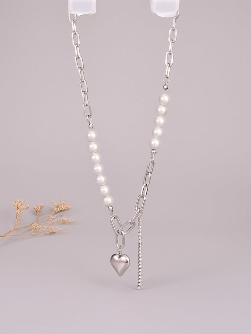 A TEEM Titanium Steel Imitation Pearl Heart Vintage Hollow Chain Necklace 2