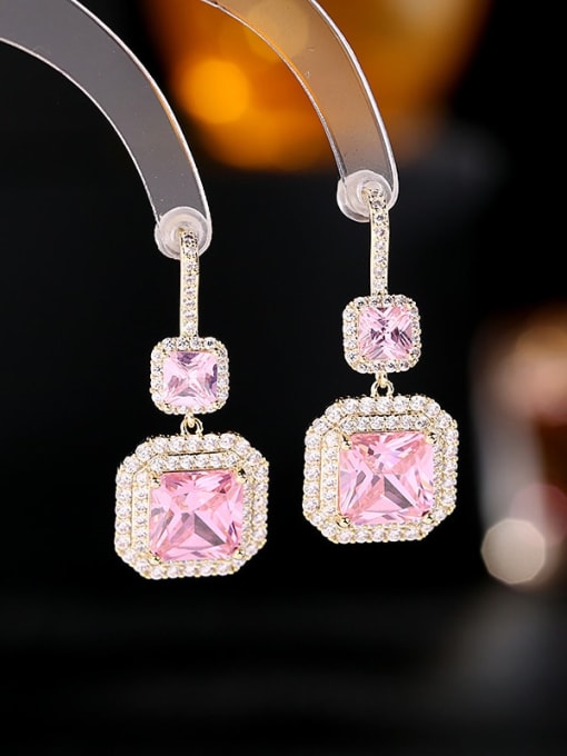 Pink Brass Cubic Zirconia Square Luxury Drop Earring