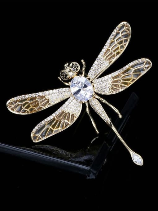 Golden yellow wings Brass Cubic Zirconia Dragonfly Statement Brooch