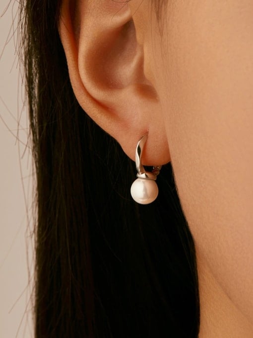 MODN 925 Sterling Silver Imitation Pearl Geometric Minimalist Huggie Earring 1