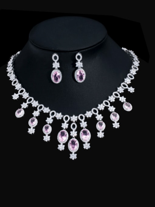 Two piece set Brass Cubic Zirconia Luxury Flower  Earring and Necklace Set