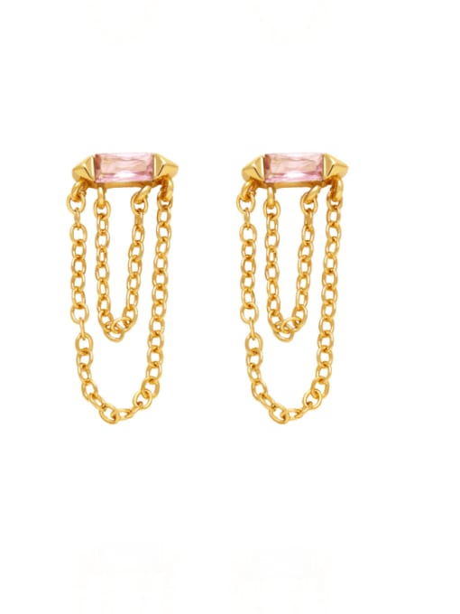 Pink Brass Glass Stone Tassel Minimalist Drop Earring