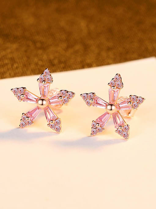 CCUI 925 Sterling Silver Cubic Zirconia Pink Flower Minimalist Stud Earring 1