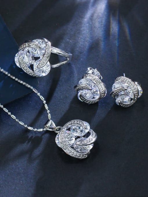 White Ring US  7 Brass Cubic Zirconia Luxury Flower  Earring and Necklace Set