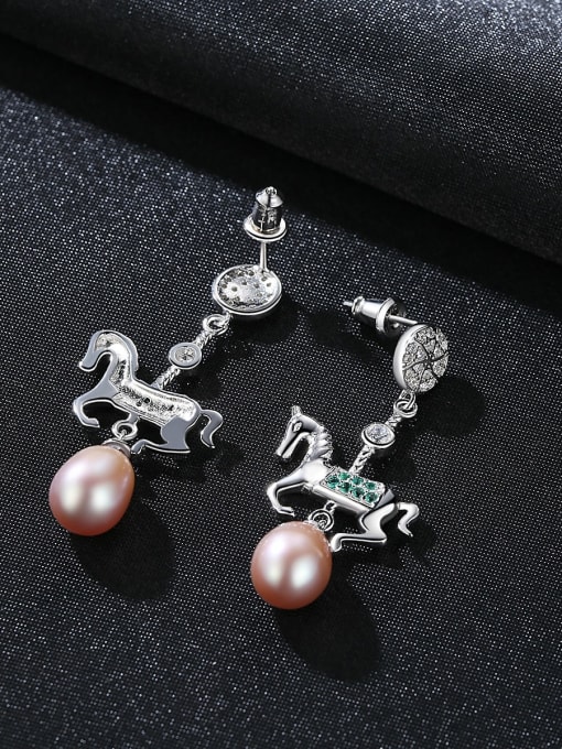 CCUI 925 Sterling Silver Freshwater Pearl White Horse Trend Drop Earring 2