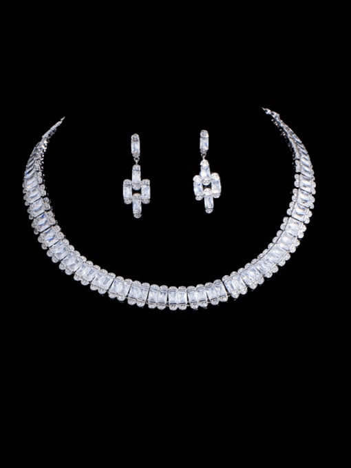 Two piece set Brass Cubic Zirconia Luxury Geometric Earring and Necklace Set