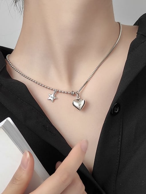 Rosh 925 Sterling Silver Love Pendant Asymmetric Light Pearl Chain Necklace 1