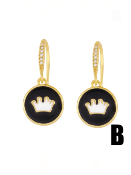 B (black crown) Brass Enamel Crown Vintage Huggie Earring