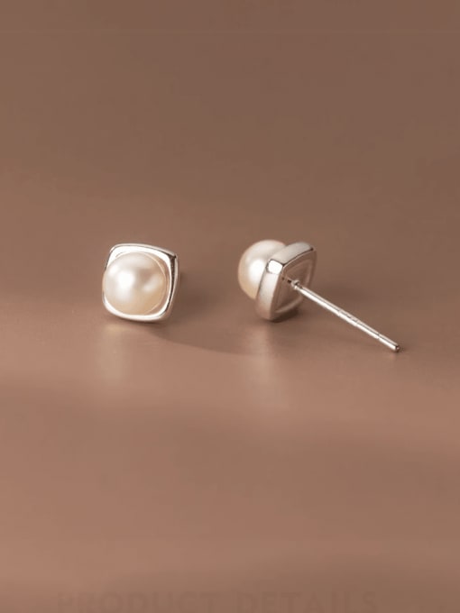 Rosh 925 Sterling Silver Imitation Pearl Square Minimalist Stud Earring 2