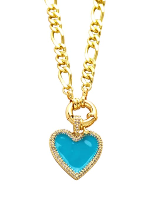 turquoise Brass Cubic Zirconia Enamel Heart Vintage  Hollow Chain Necklace