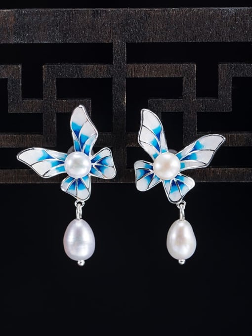 Butterfly pearl earrings 925 Sterling Silver Enamel Butterfly Vintage Drop Earring