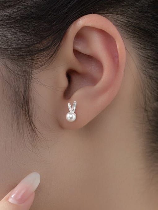 Rosh 925 Sterling Silver Imitation Pearl Rabbit Cute Stud Earring 1