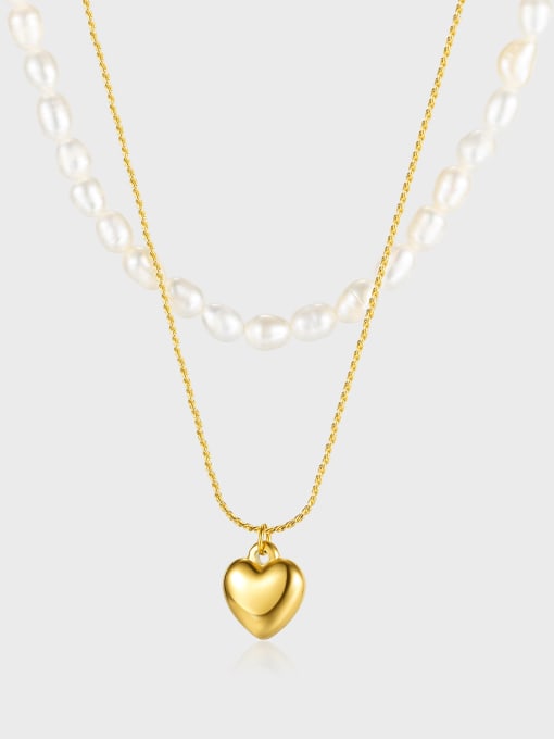 Open Sky Titanium Steel Imitation Pearl Heart Minimalist Multi Strand Necklace 0