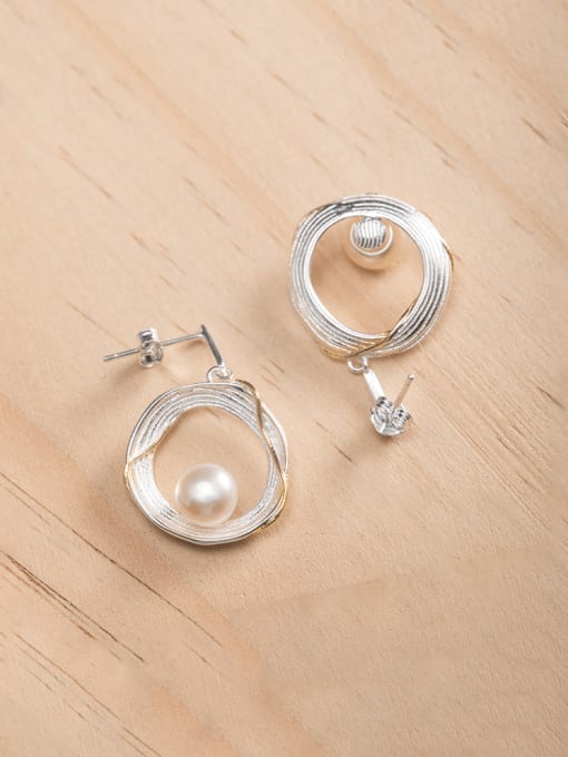 SILVER MI 925 Sterling Silver Freshwater Pearl Geometric Minimalist Drop Earring