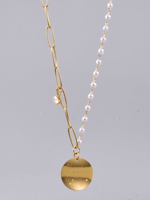 A TEEM Titanium Steel Imitation Pearl Geometric Vintage Necklace