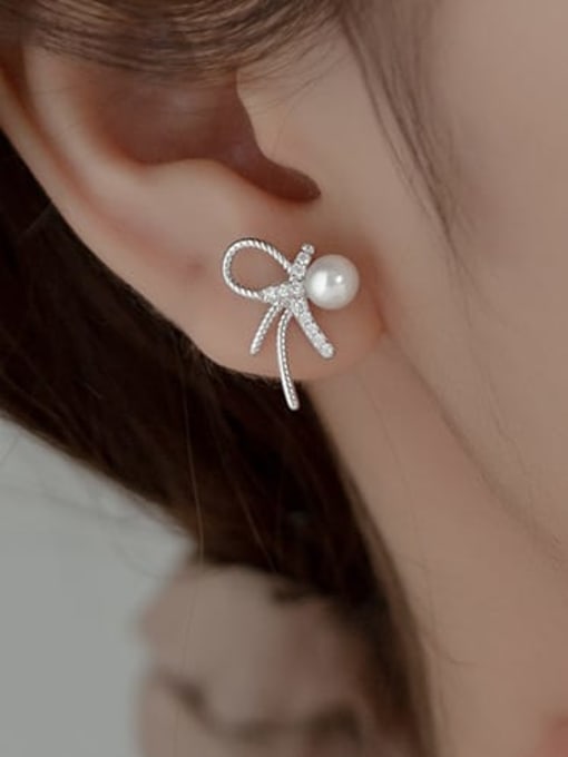 Rosh 925 Sterling Silver Imitation Pearl Butterfly Minimalist Stud Earring 1