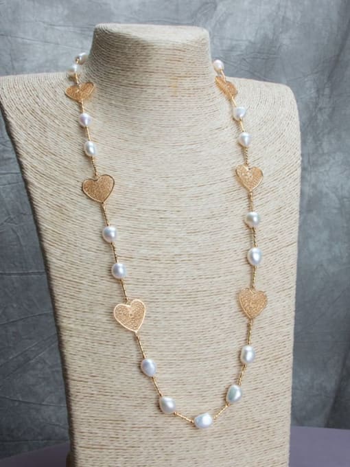 gold+white Brass Freshwater Pearl Hollow Heart Vintage Necklace