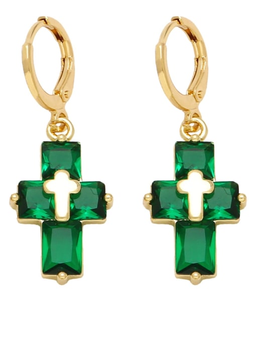 green Brass Cubic Zirconia Cross Hip Hop Huggie Earring
