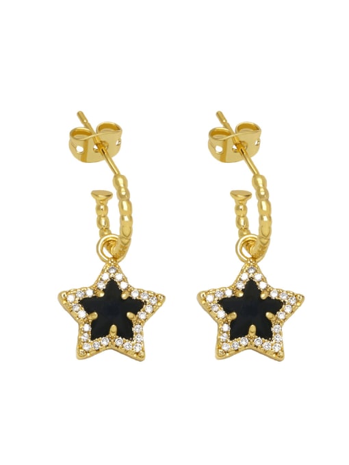 black Brass Glass Stone Five-Pointed Star Vintage Hook Earring