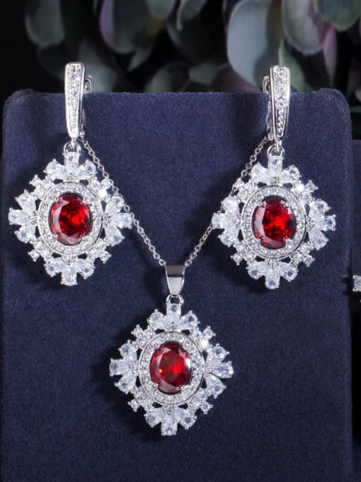 Red 9 three piece set Copper Cubic Zirconia Luxury Geometric Earring Ring and Necklace Set