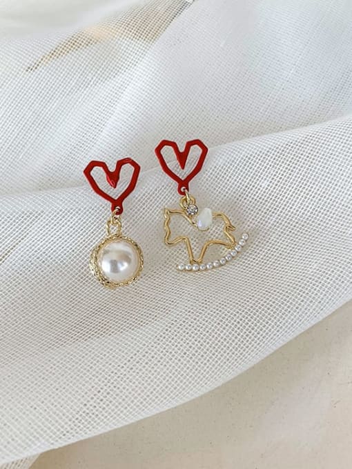 A red Zinc Alloy Imitation Pearl White Heart Cute Drop Earrings
