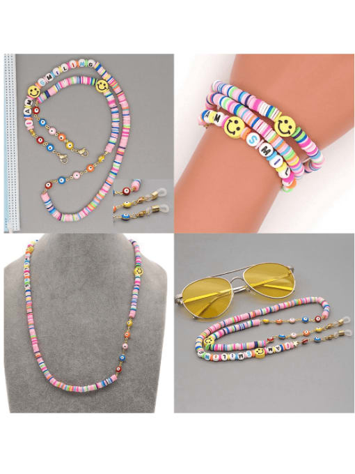 Roxi Stainless steel Multi Color Polymer Clay Smiley Bohemia Beaded  Hand-woven Necklace 1
