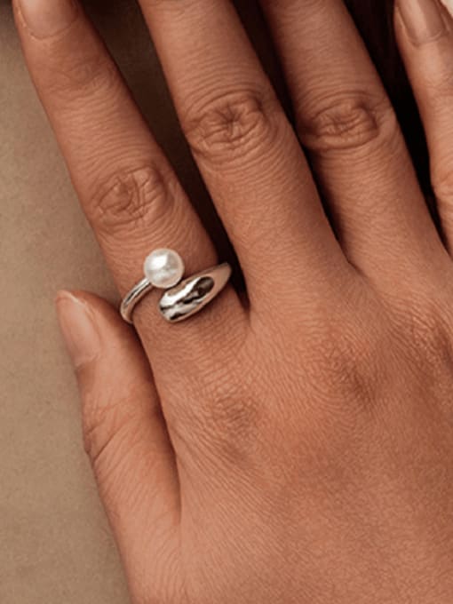 Jare 925 Sterling Silver Imitation Pearl Irregular Minimalist Band Ring 1