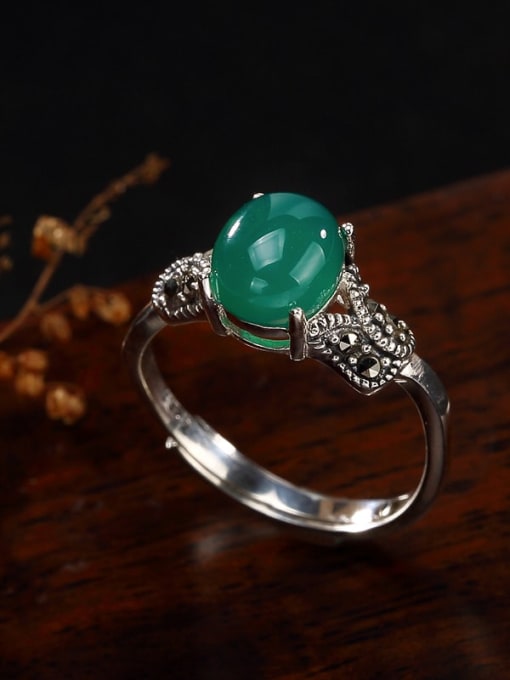 Green chalcedony 925 Sterling Silver Jade Irregular Vintage Band Ring