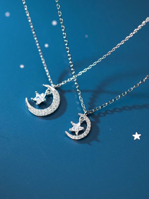 Rosh 925 Sterling Silver Cubic Zirconia Star Minimalist Moon Pendant Necklace