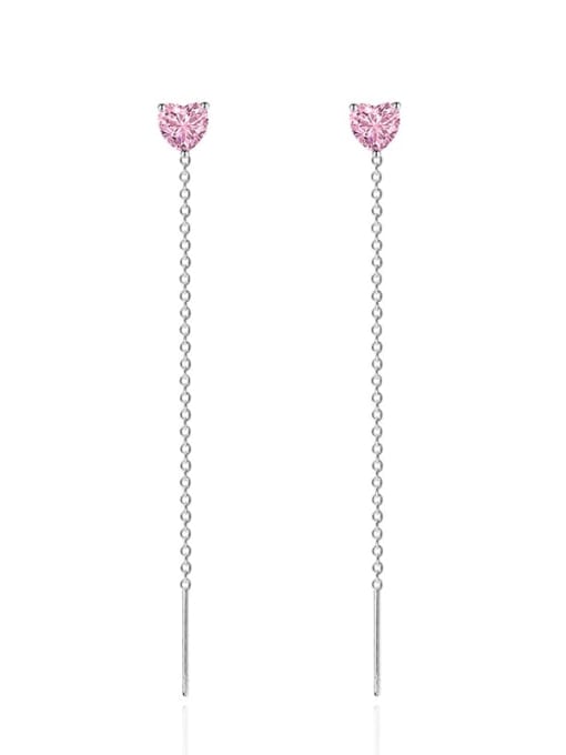 Pink Brass Cubic Zirconia Heart Tassel Minimalist Threader Earring