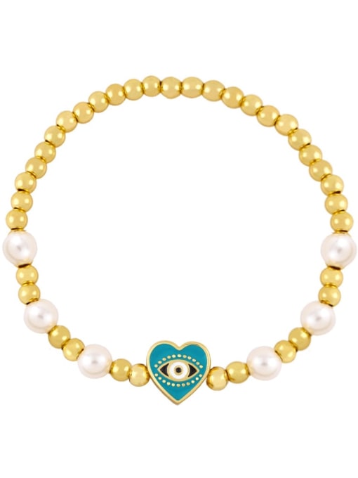 turquoise Brass Imitation Pearl Enamel Evil Eye Vintage Beaded Bracelet
