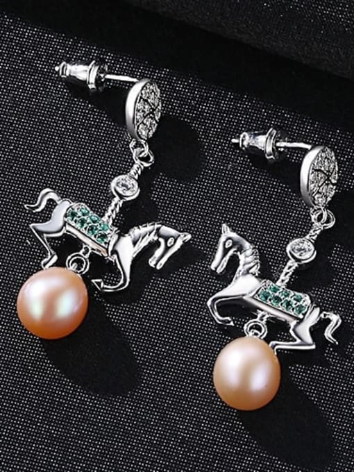 Pink 1K11 925 Sterling Silver Freshwater Pearl White Horse Trend Drop Earring