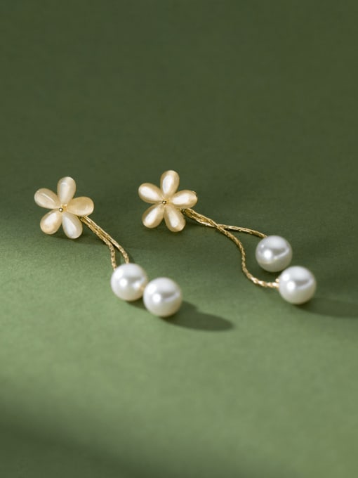 Rosh 925 Sterling Silver Imitation Pearl Flower Minimalist Drop Earring 2