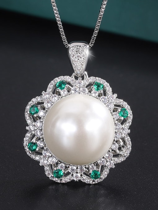 White beads and platinum pendants Brass Imitation Pearl Flower Minimalist  Round Pendant