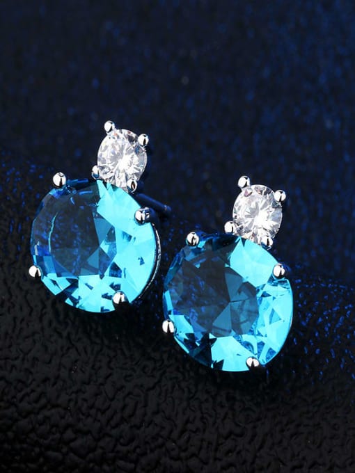 Platinum sky blue Copper Glass Stone Round Dainty Stud Earring