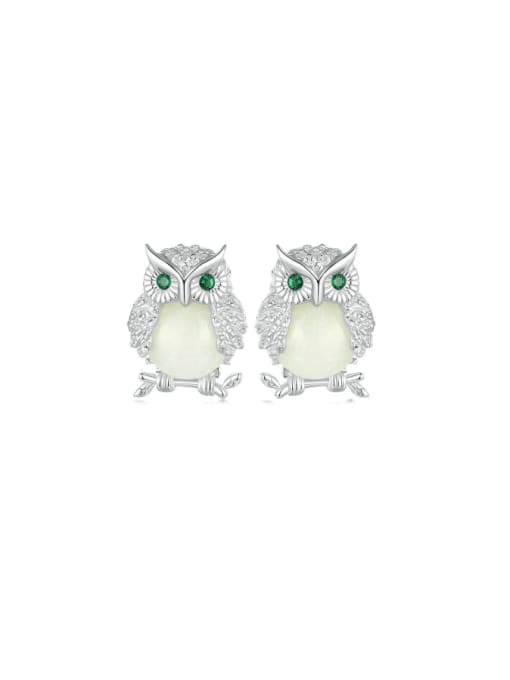 BSE949 925 Sterling Silver Natural Stone Owl Cute Stud Earring
