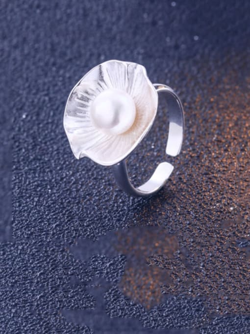 Dan 925 Sterling Silver Imitation Pearl Flower Minimalist Band Ring